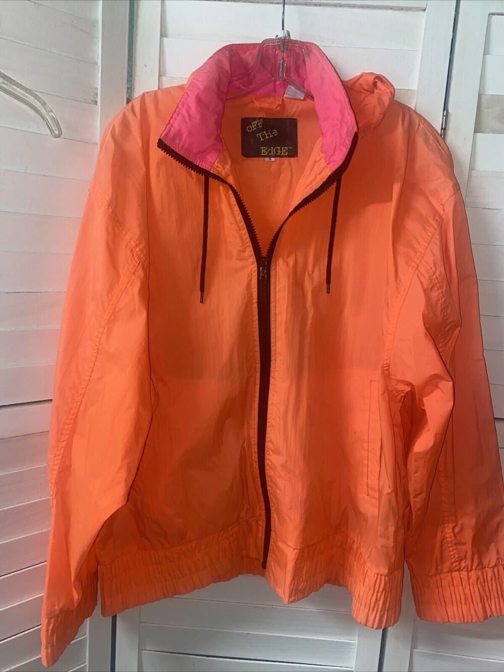 80s VTG Off the Edge Lightweight Men’s Neon Orange Parachute Zip Jacket Large
